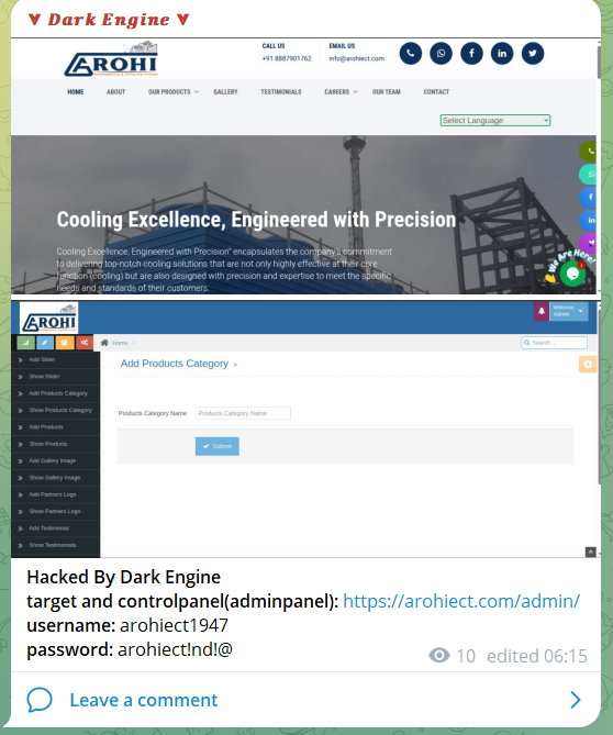 涉嫌向Arohi Engineering&Cooling Tower泄露admin凭证