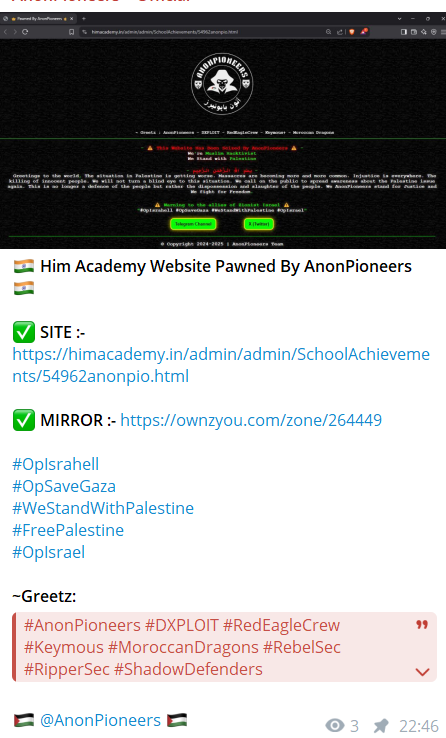 AnonPioneers针对Him Academy公立学校的网站