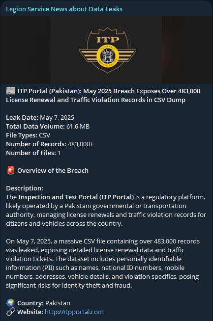 巴基斯坦System ITP Echallan Management涉嫌数据库泄露