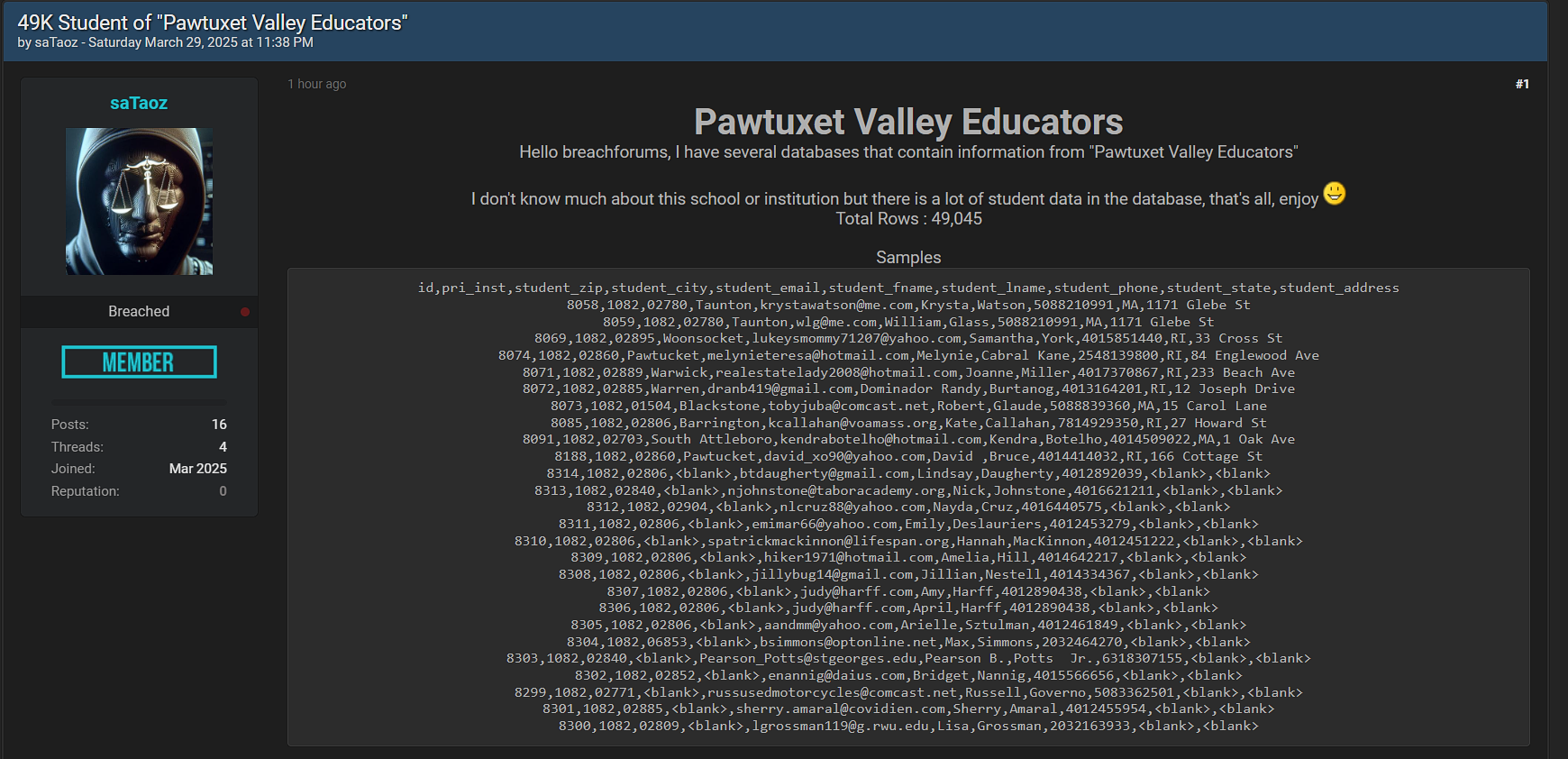INC.Pawtuxet Valley教育工作者涉嫌数据外泄