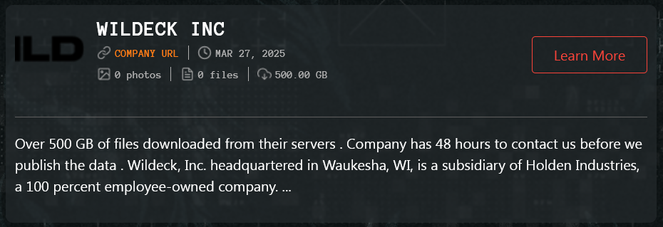 Wildeck公司成为Qilin勒索软件的受害者