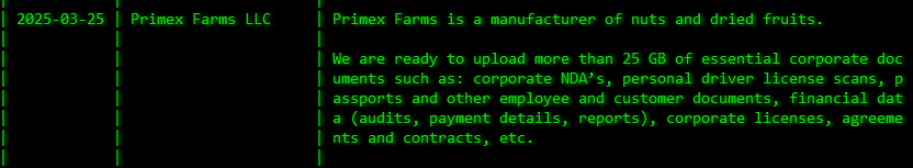 Primex Farms LLC成为Akira勒索软件的受害者