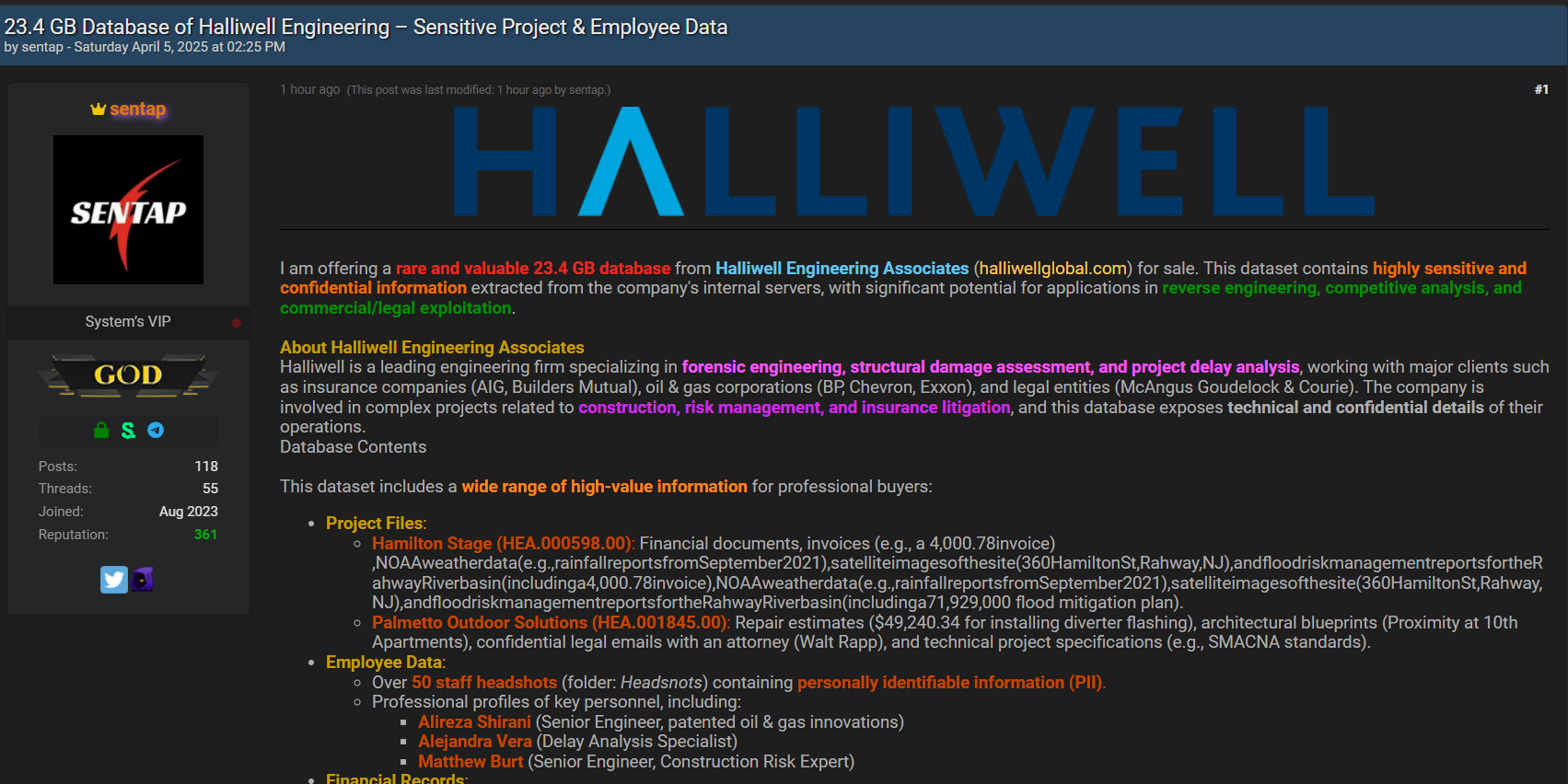 Halliwell Engineering Associates涉嫌出售数据
