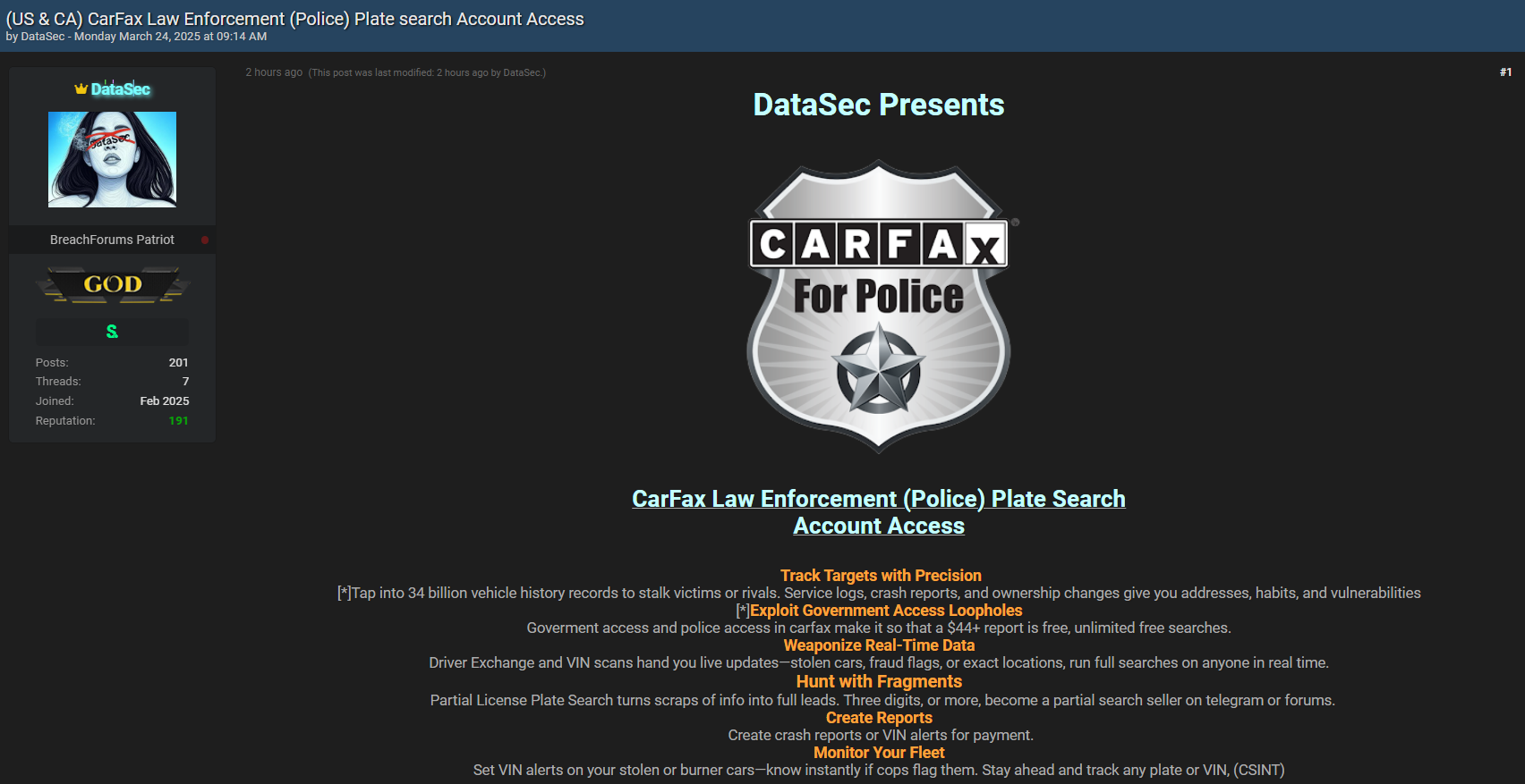 涉嫌向美国和加拿大出售CarFax执法车牌Search服务