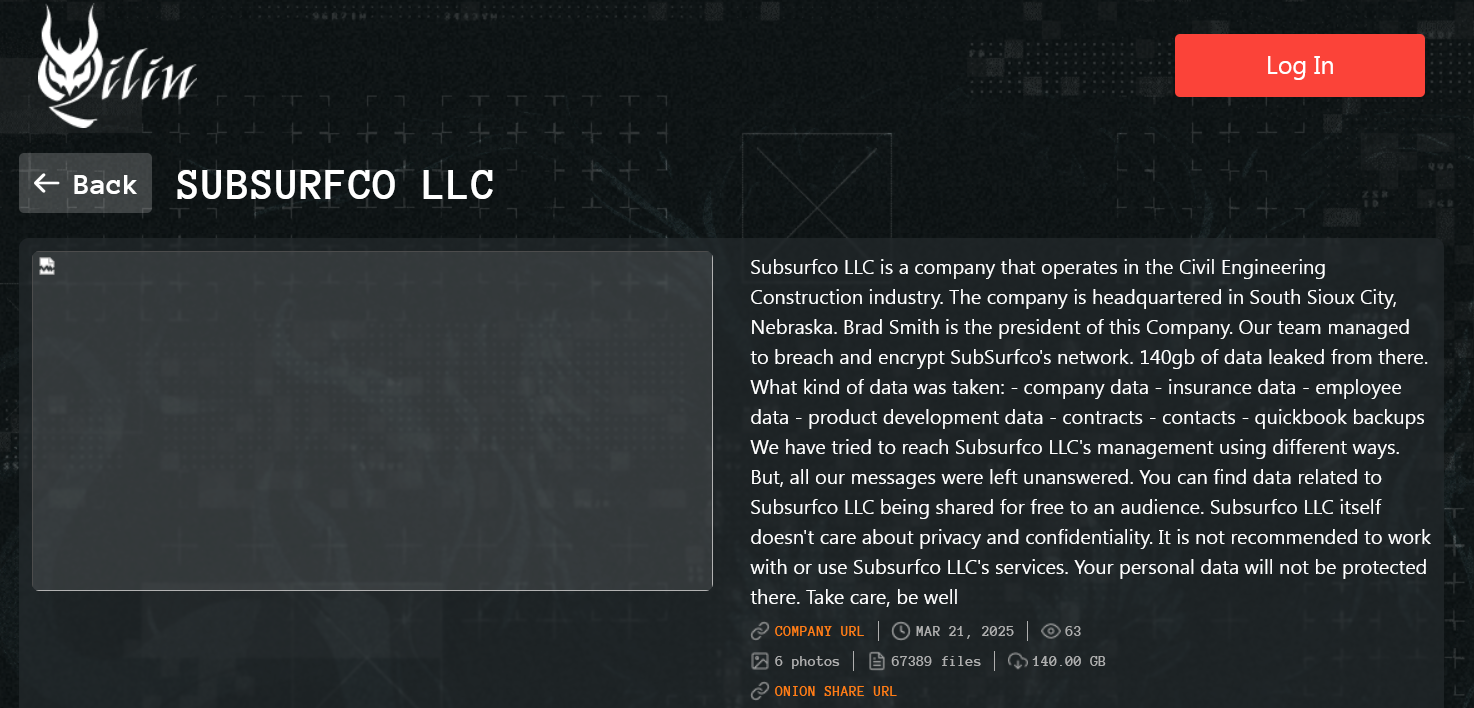 Subsurfco LLC成为Qilin勒索软件的受害者