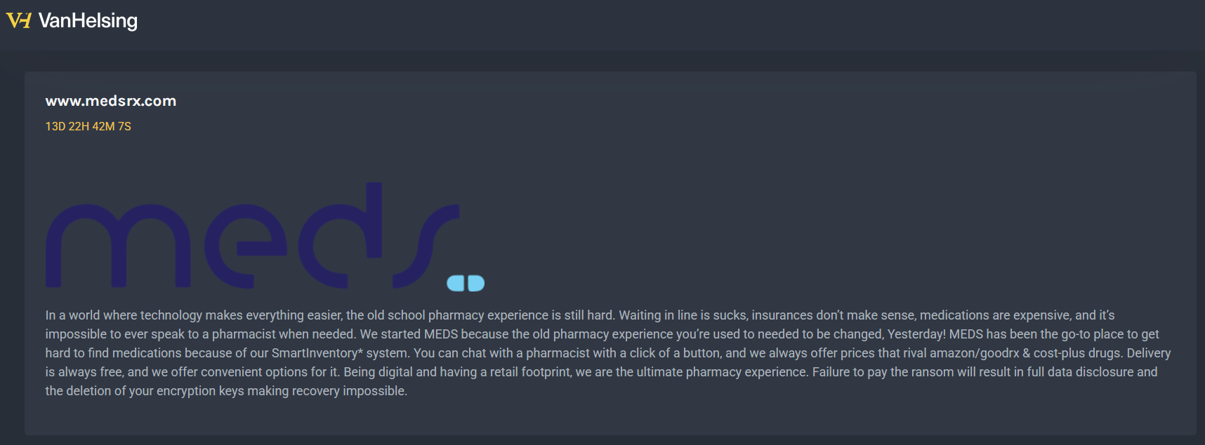 MEDS Pharmacy成为VanHelsing勒索软件的受害者