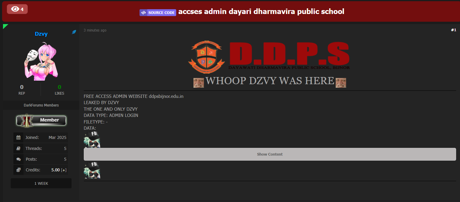 Dayawati Dharamvira公立学校(DDPS)涉嫌泄露admin