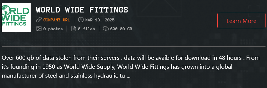 World Wide Fittings Inc成为Qilin勒索软件的受害者