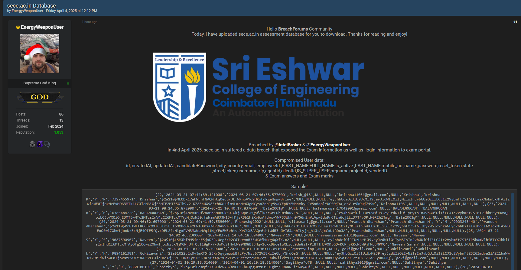 Sri Eshwar工程学院涉嫌数据库泄露