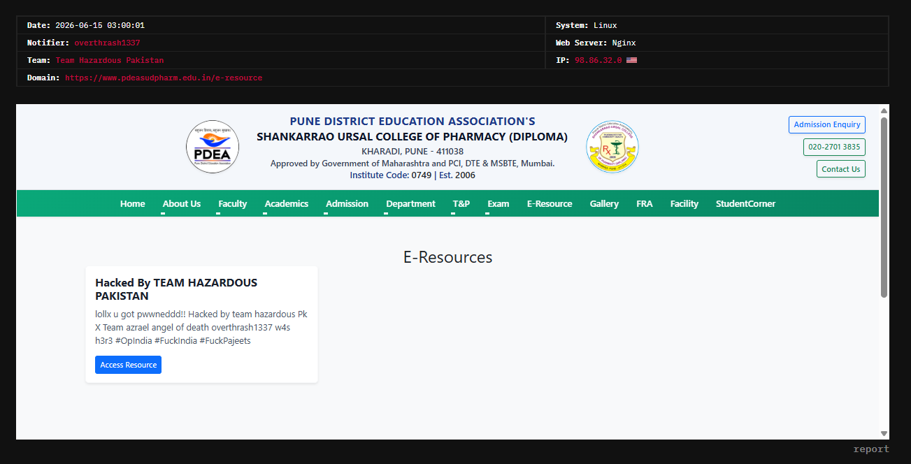 overthrash1337 targets the website of Pune District Education Association