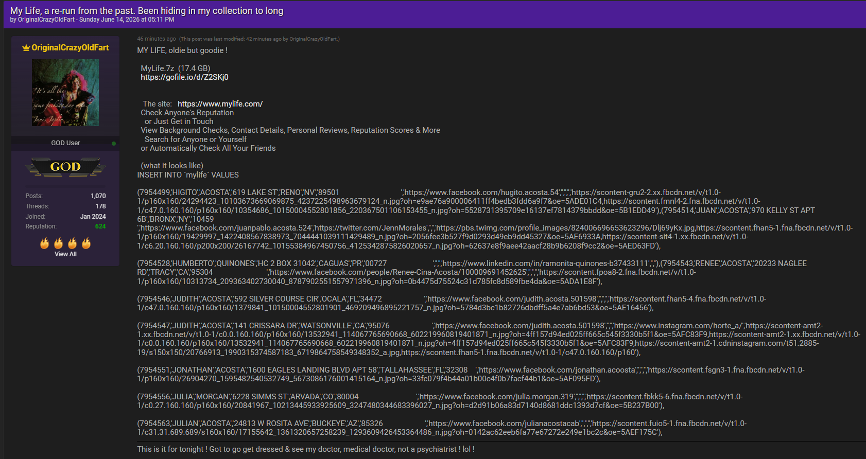 Alleged data breach of MyLife
