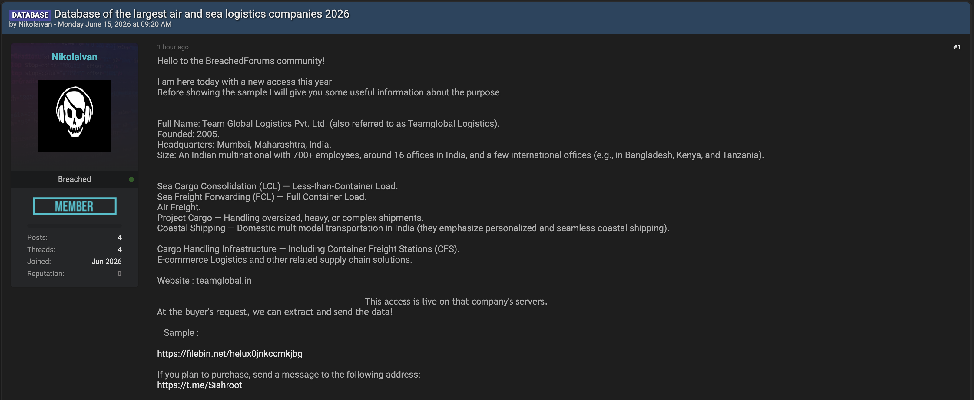 Alleged Data Breach of Team Global Logistics Pvt. Ltd.