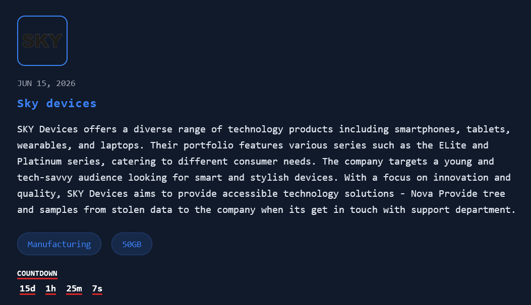SKY Devices LLC falls victim to Nova ransomware