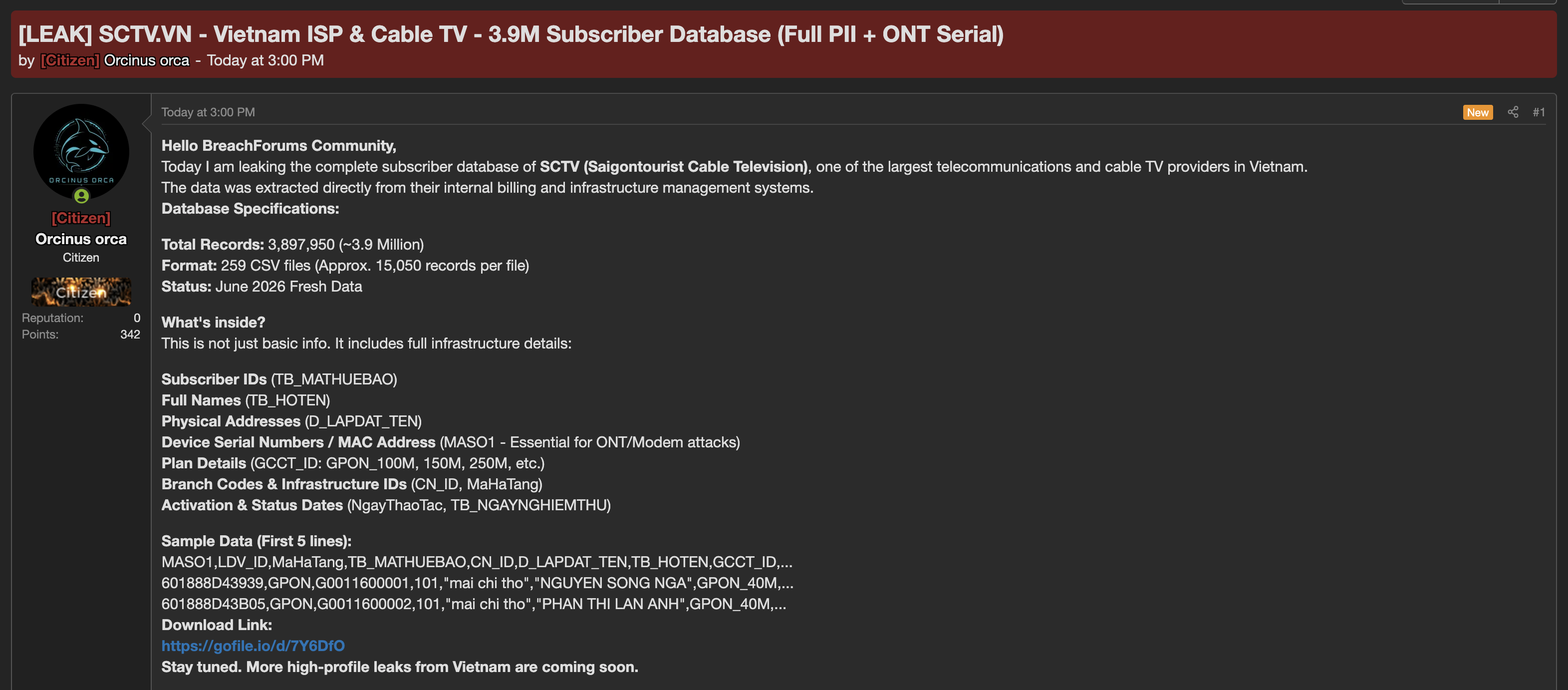 Alleged Data Breach of Saigontourist Cable Television
