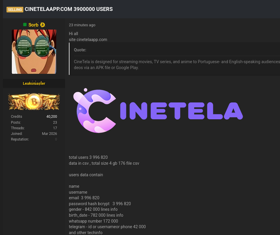 Alleged data sale of CineTela