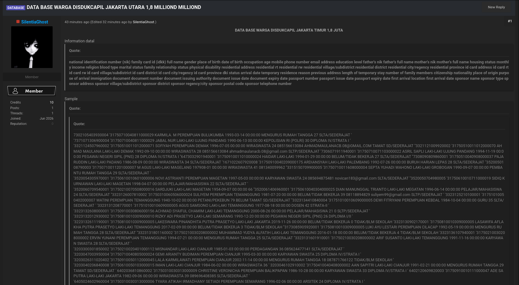 Alleged data breach of Dinas Kependudukan dan Pencatatan Sipil