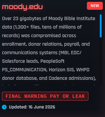 Alleged data breach of Moody Bible Institute