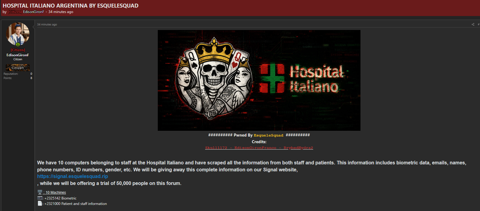 Alleged Data Breach of Hospital Italiano