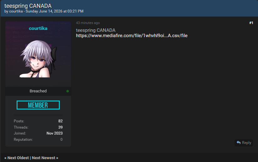 Alleged data leak of Teespring