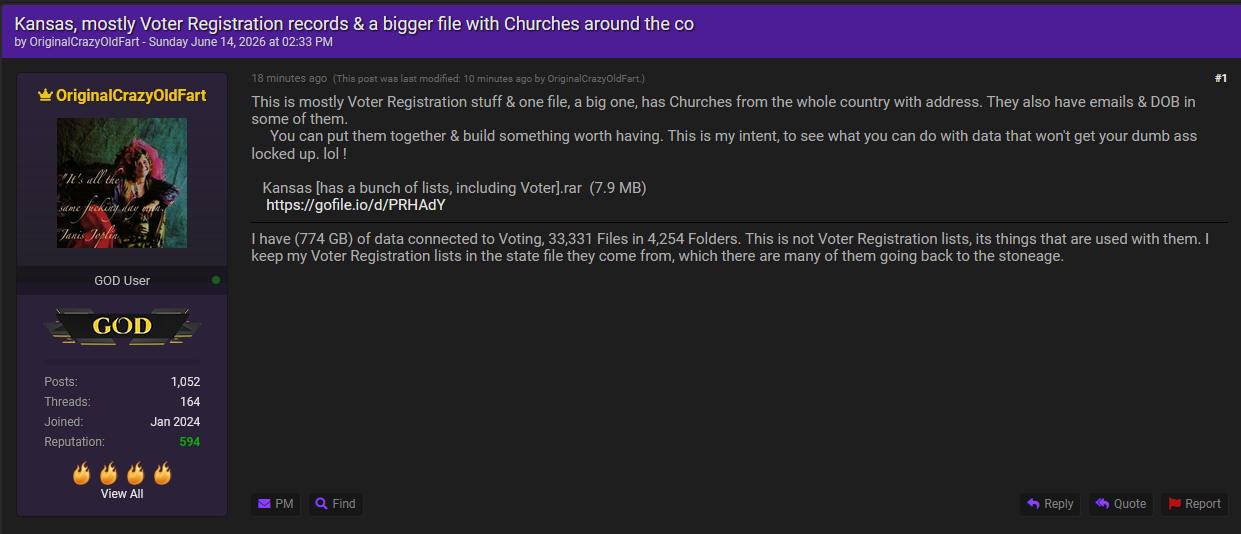 Alleged Sale of Kansas Voter Registration and Church Data