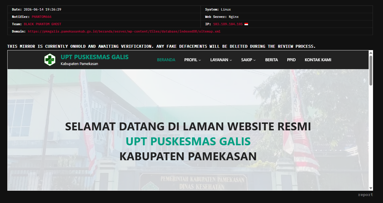 PHANTOM666 targets the website of UPT Puskesmas Galis