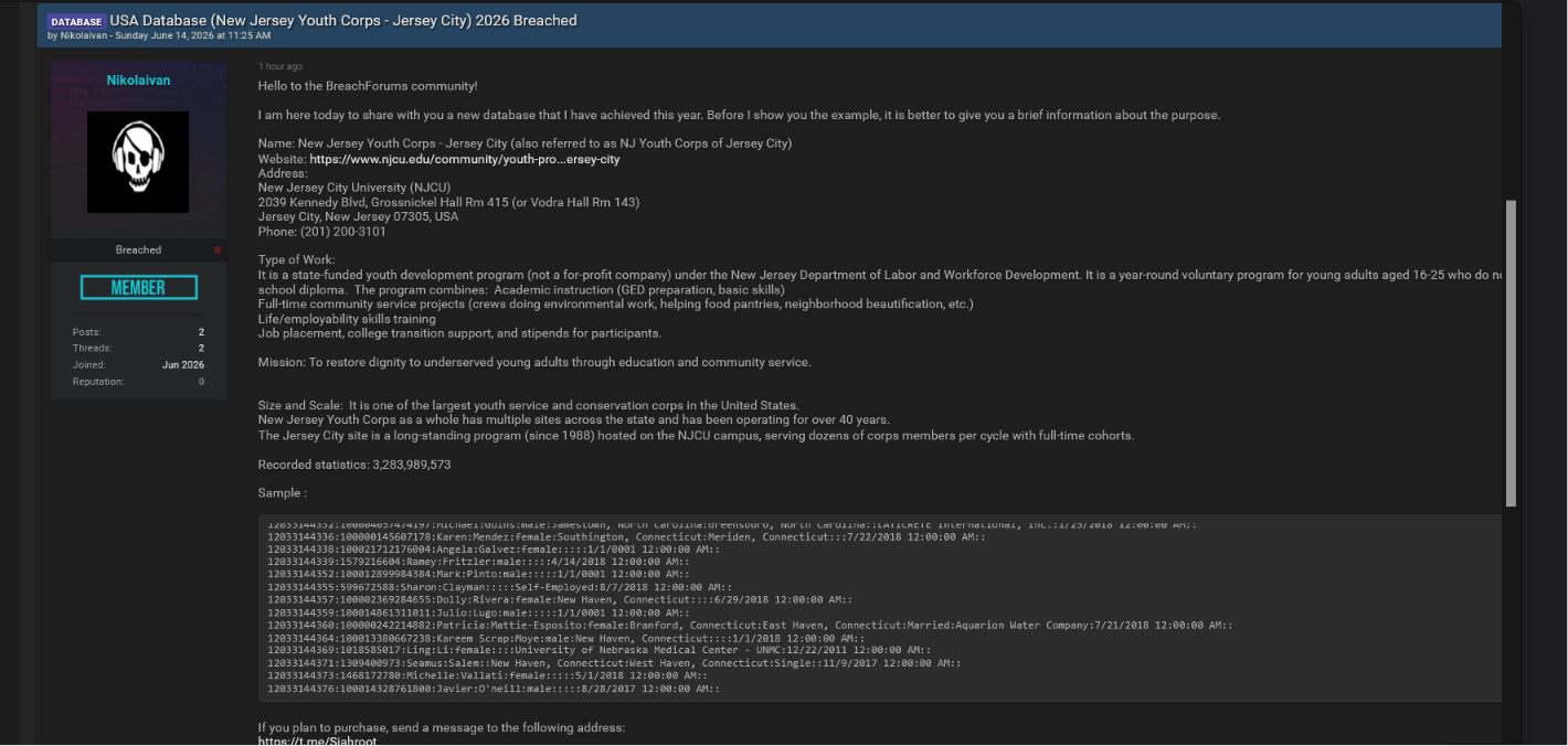 Alleged Data Breach Of New Jersey City University