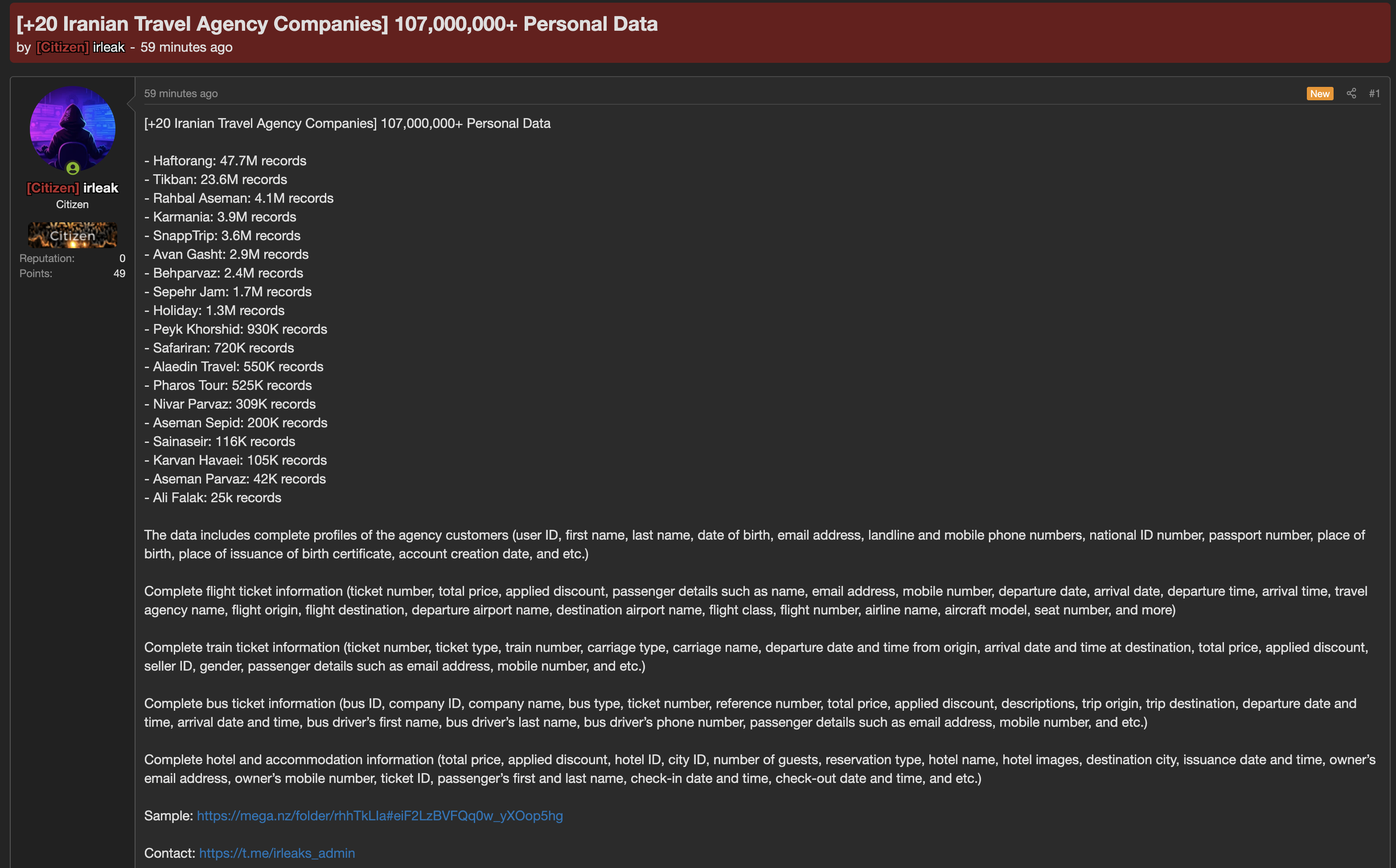 Alleged data leak of Various Iranian travel agencies and tourism service providers