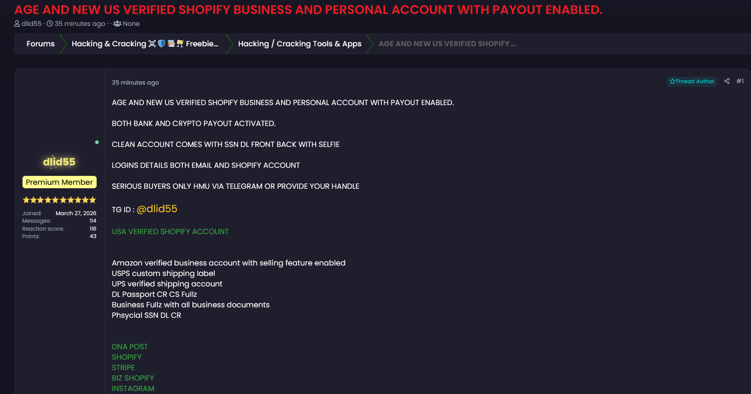 Alleged sale of U.S. Shopify accounts