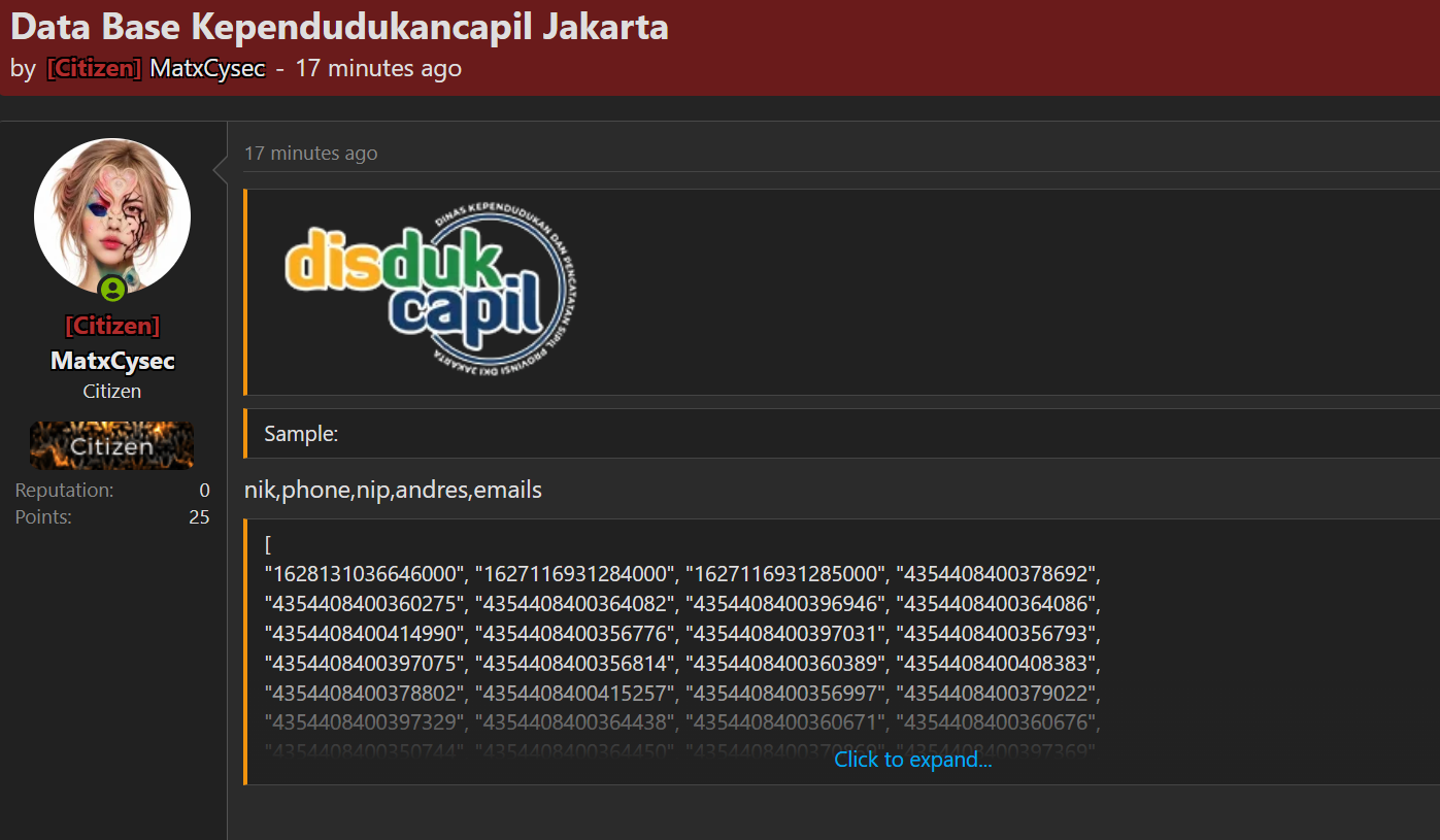 Alleged Data Breach of Dinas Kependudukan dan Pencatatan Sipil Provinsi DKI Jakarta