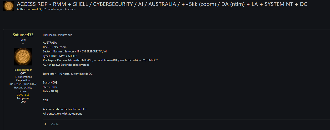 Alleged sale of unauthorized access to an unidentified Australian company