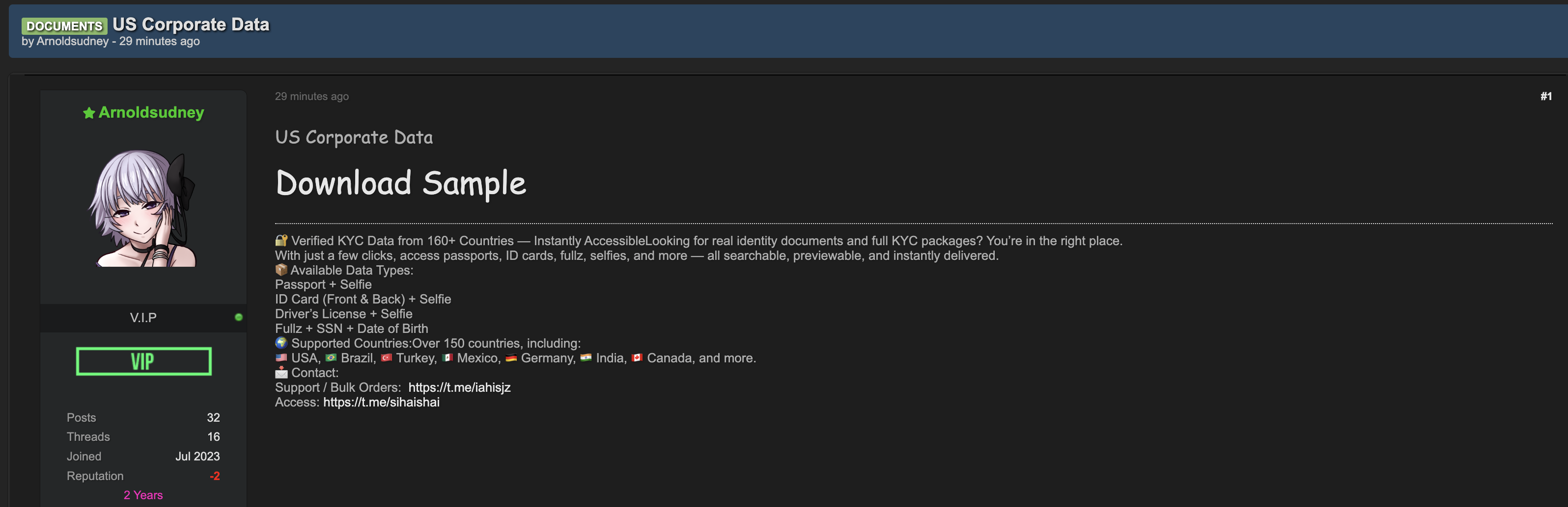 Alleged data leak of U.S. corporate data