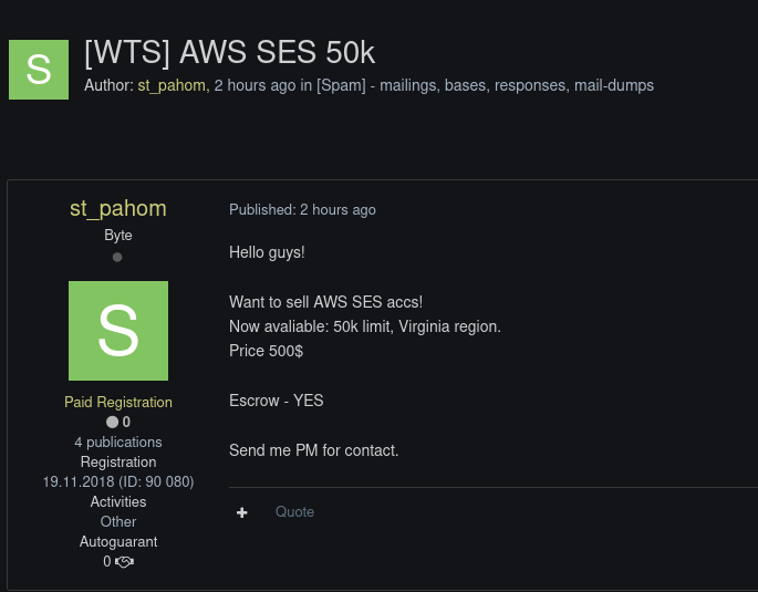 Alleged sale of AWS SES Account