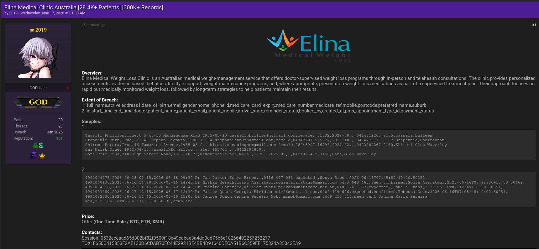 Alleged data sale of Elina Medical Weight Loss