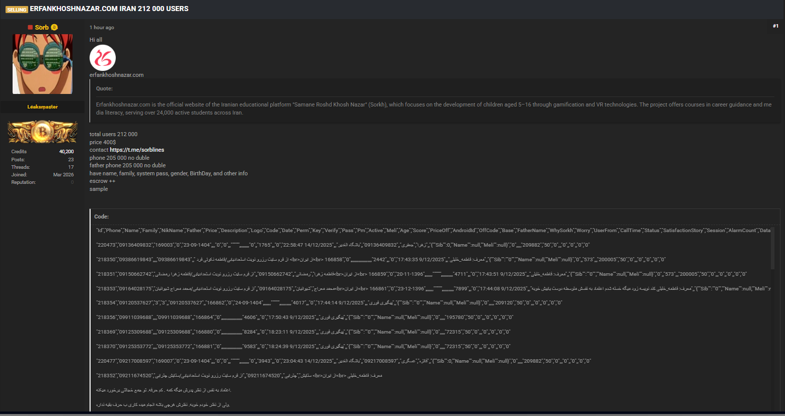 Alleged Data Breach of Erfan Khoshnazar