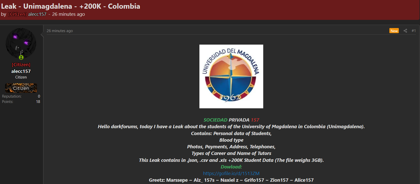 Alleged data breach of Magdalena University