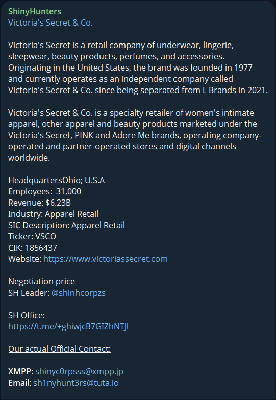 Alleged data breach of Victoria’s Secret & Co
