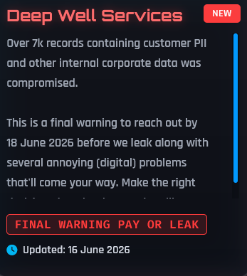 Alleged data breach of Deep Well Services