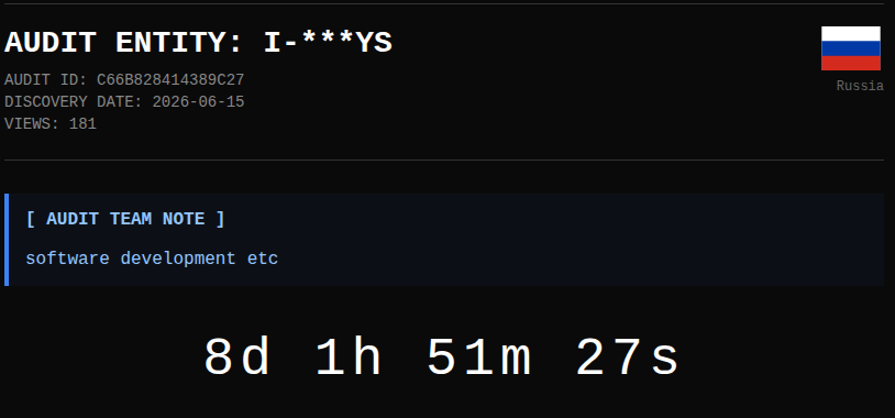 AUDIT TEAM Ransomware group has added an unidentified victim (I-***YS) from Russia