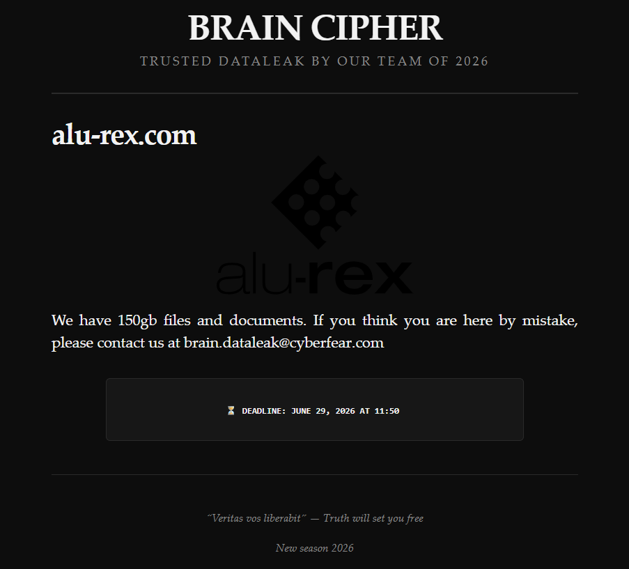 Alu-Rex inc falls victim to Brain Cipher Ransomware
