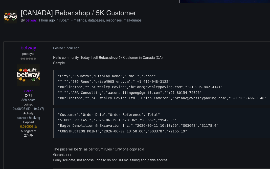 Alleged data sale of Rebar.Shop