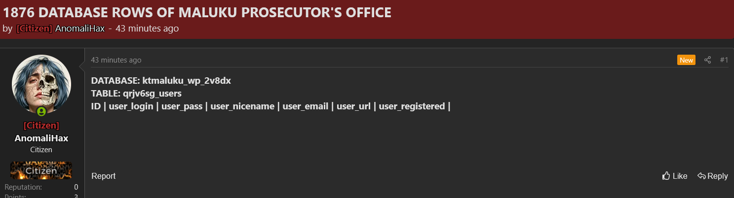 Alleged data breach of Kejaksaan Tinggi Maluku