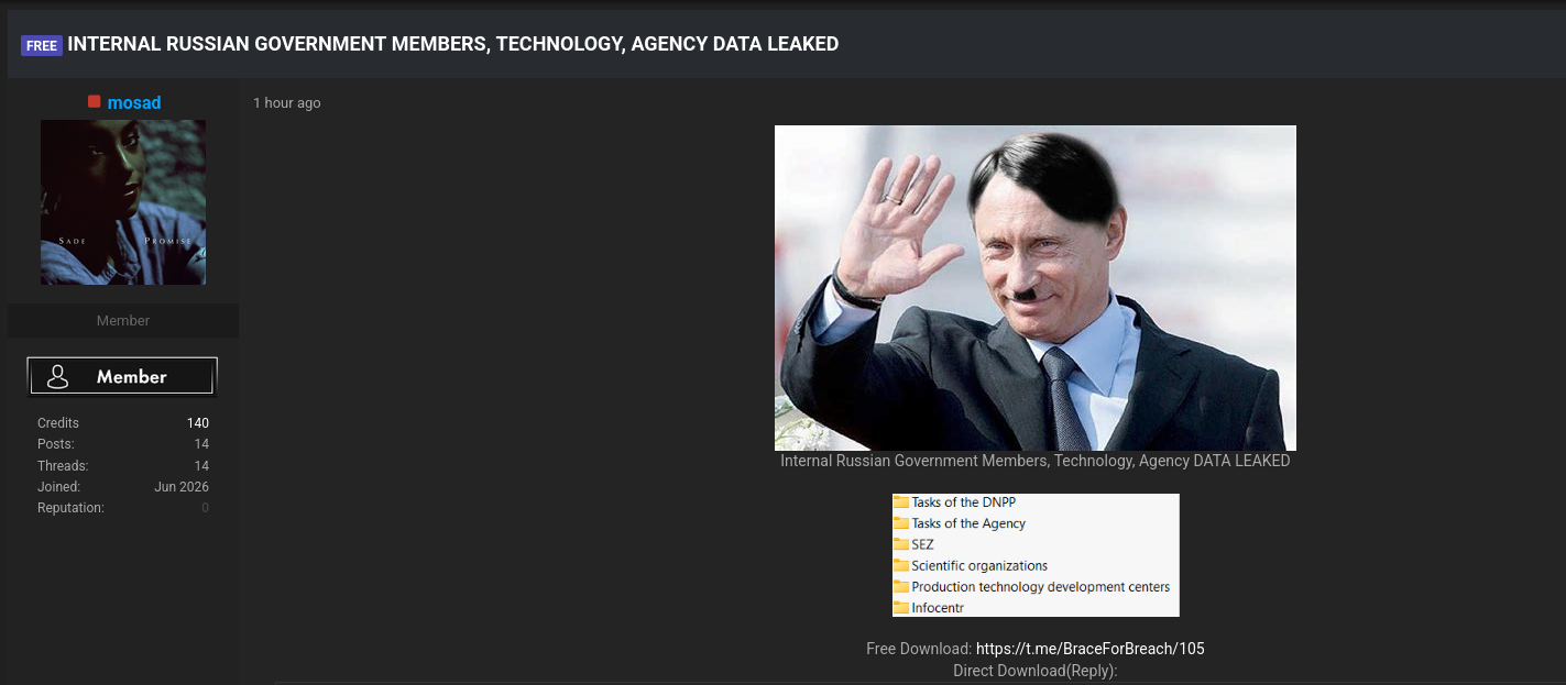Alleged leak of internal data related to government members, technology, and agencies in Russia