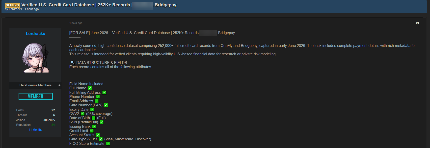 Alleged sale of Credit Card Data from Bridgepay