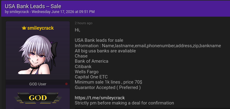 Alleged sale of bank leads from USA