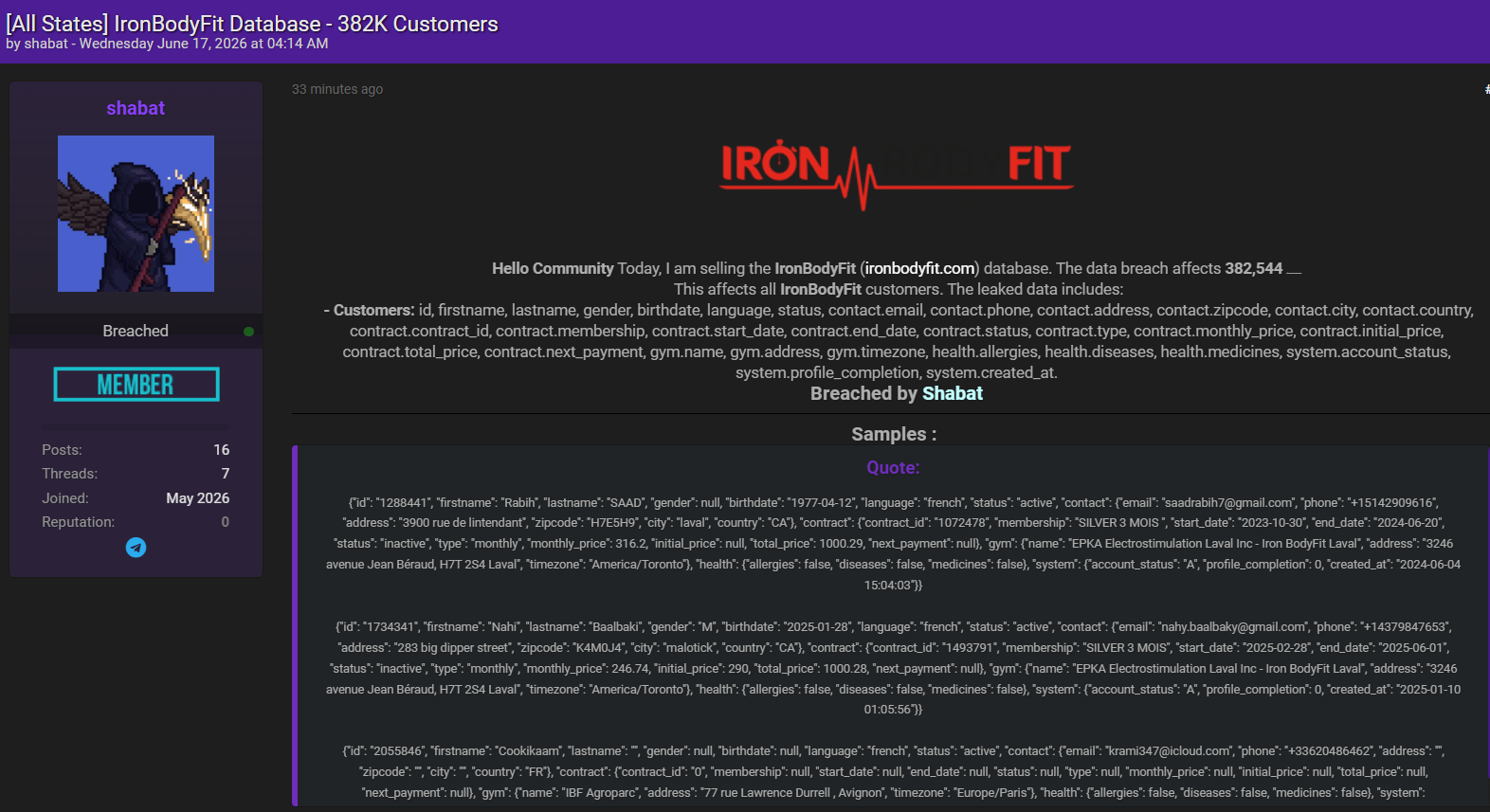 Alleged sale of IronBodyFit database