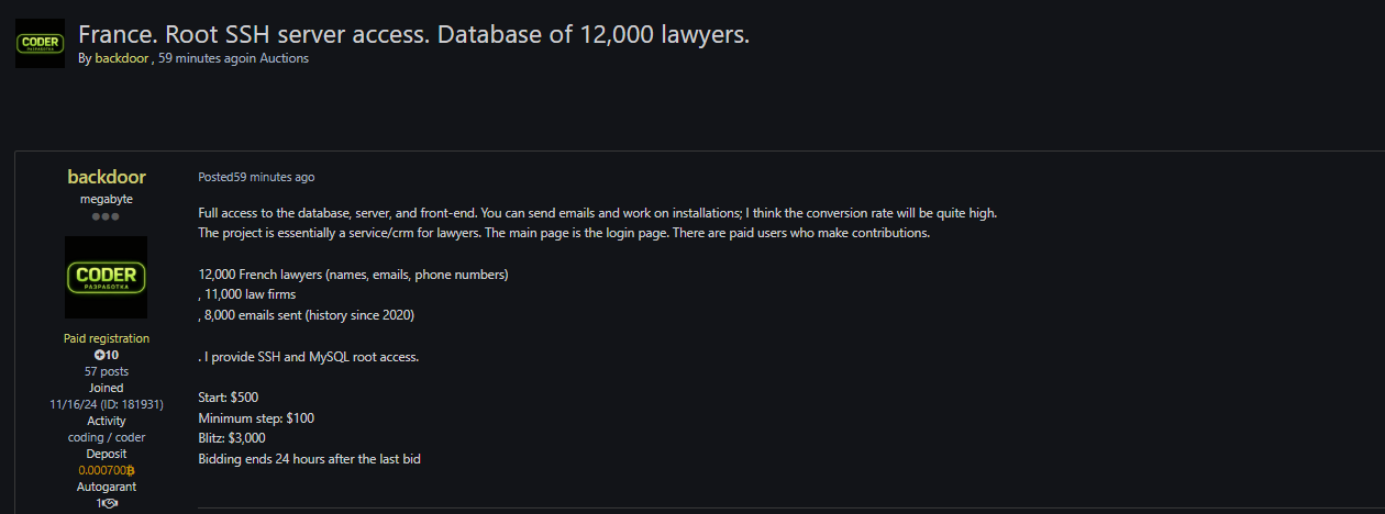 Alleged sale of unauthorized root SSH and MySQL access to an unidentified French legal services platform