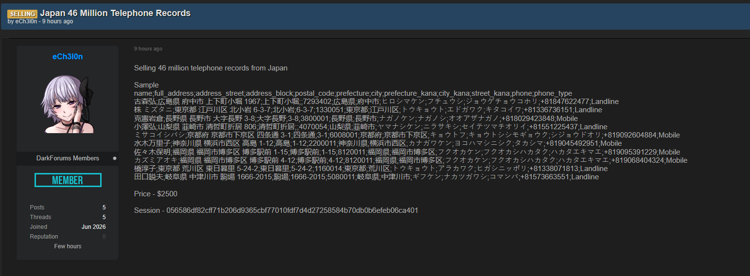Alleged Sale of Japanese Telephone Records Data