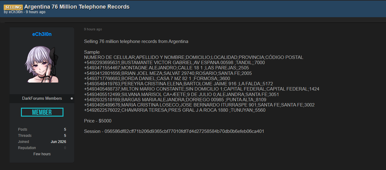 Alleged Sale of Telephone Records from Argentina
