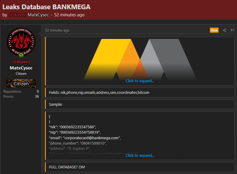 Alleged data breach of Bank Mega