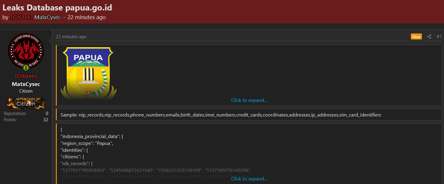Alleged data breach of Pemerintah Provinsi Papua